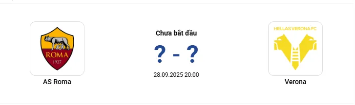 AS Roma vs Verona 20h00 ngày 28/09/2025, Serie A AS Roma vs Verona 20h00 ngày 28/09/2025, Serie A